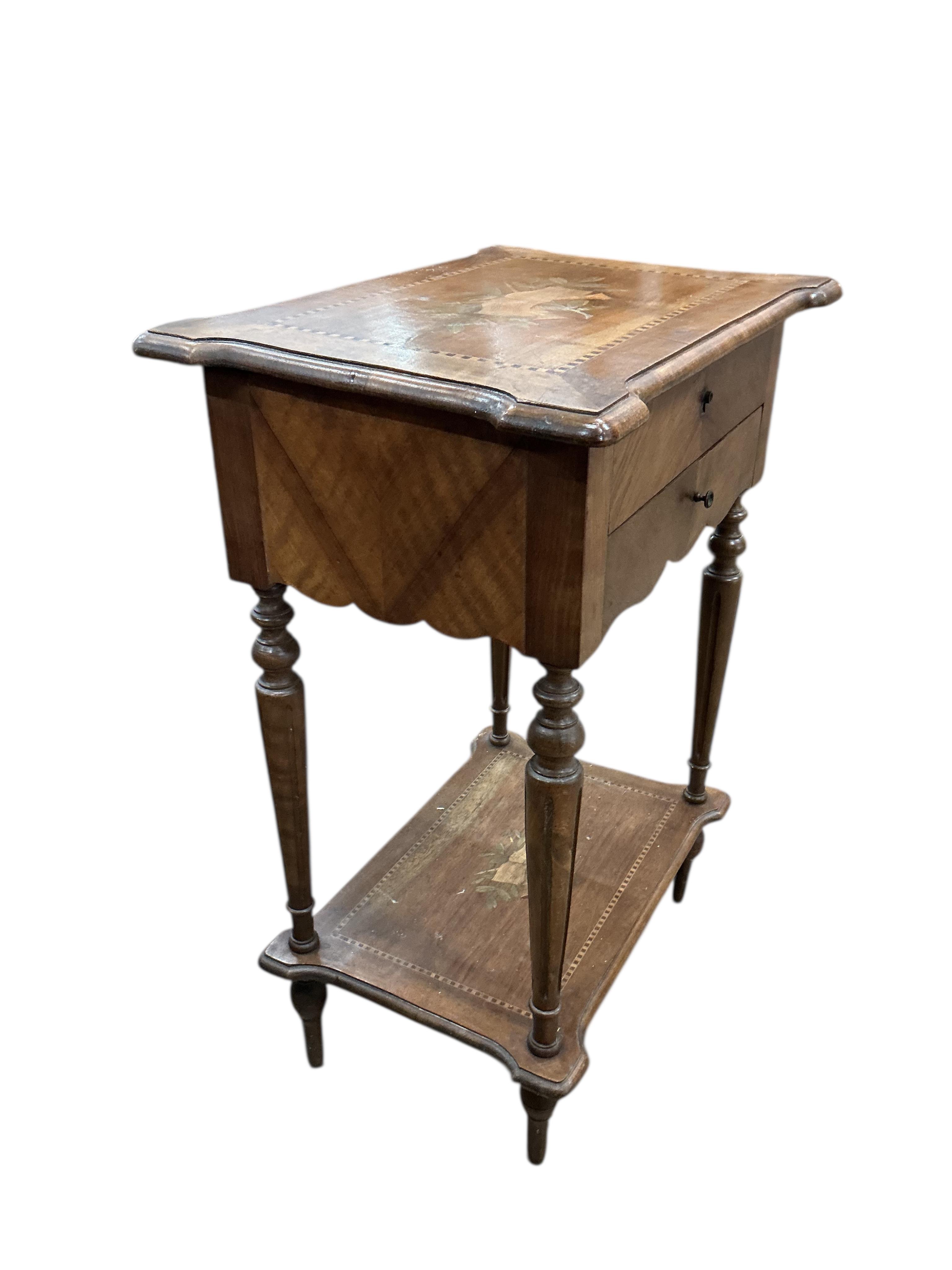 An early 20th century French marquetry inlaid walnut work table, width 52cm, depth 36cm, height 72cm